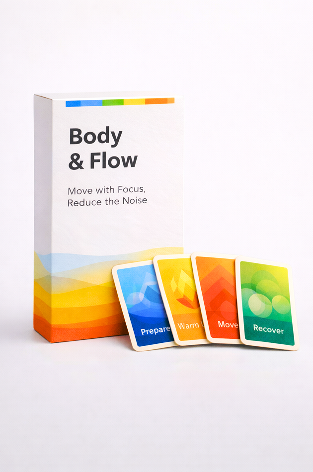 A deck of wellness cards labeled 'Body & Flow' with the subtitle 'Move with Focus, Reduce the Noise' and four cards labeled 'Prepare,' 'Warm,' 'Move,' and 'Recover' in front of a white box with a colorful stripe at the top.