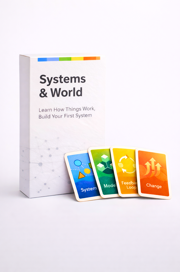 A white box titled "Systems & World" with colorful cards labeled "System," "Model," "Feedback Loop," and "Change" in front of it.