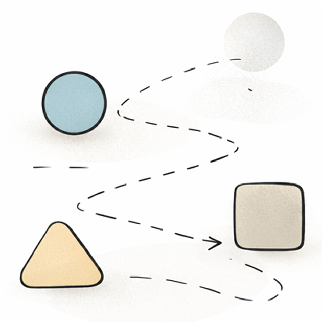 Illustration of a light blue circle, a beige triangle, a white circle, and a beige square connected by dashed arrows, representing a flowchart or process.