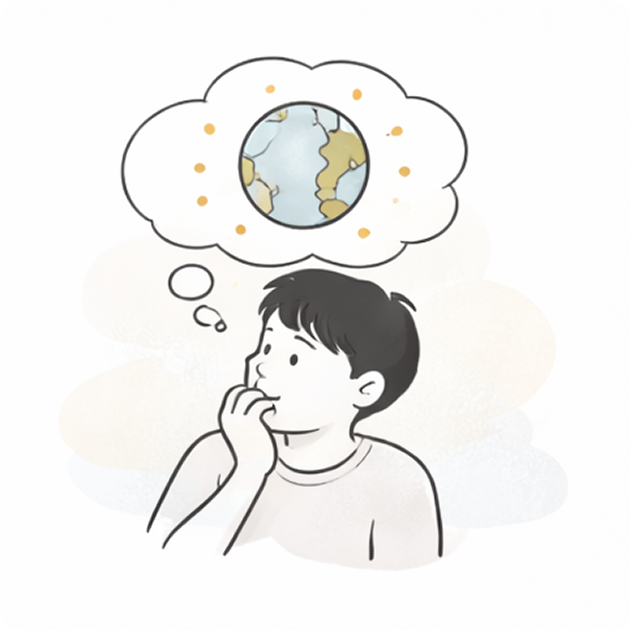 A person with short dark hair thinking about the Earth surrounded by clouds and small dots.