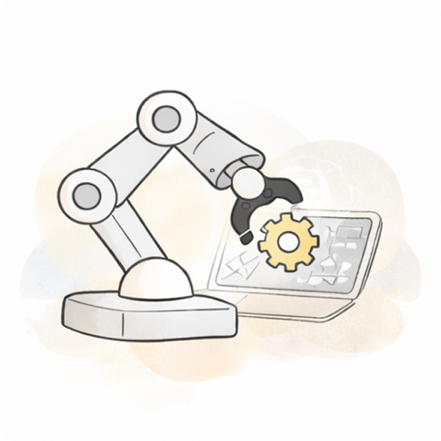 Illustration of a robotic arm assembling a gear on a broken laptop using a mechanical claw.