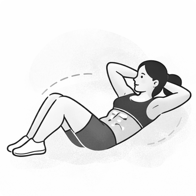 Illustration of a woman doing abdominal crunches, lying on her back with hands behind her head, knees bent, and torso lifted slightly off the ground.
