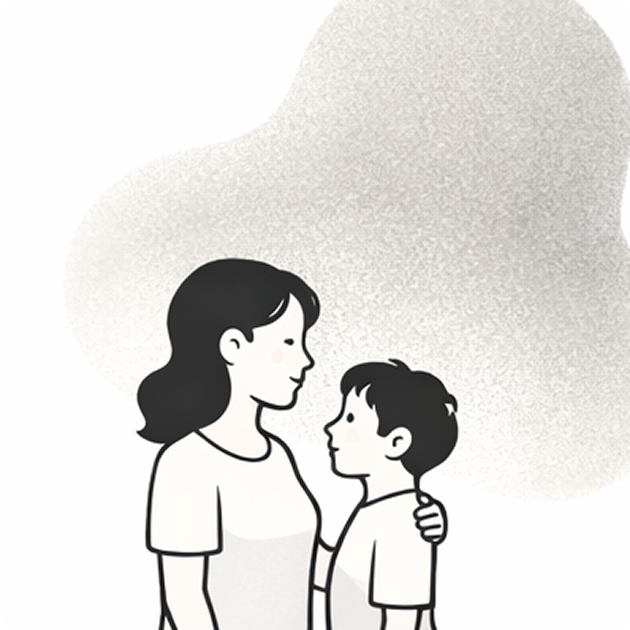 Illustration of a woman and a boy facing each other, with the woman's hand on the boy's shoulder, against a textured gray background.