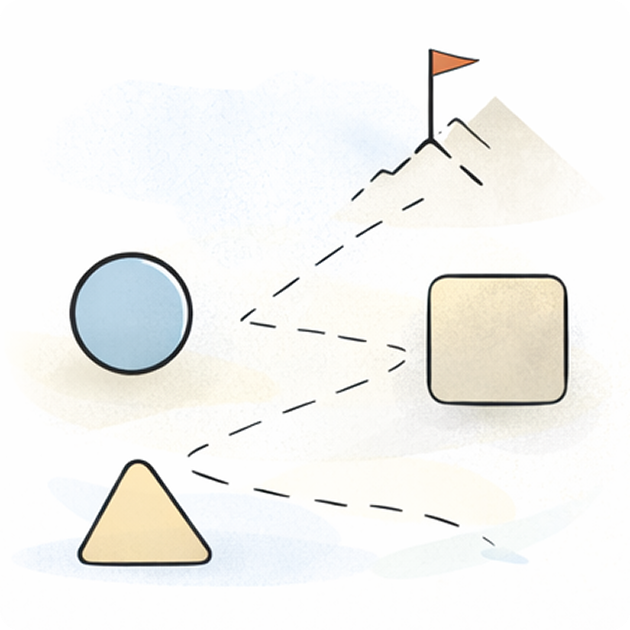 Illustration of a trajectory planning diagram with a circle, triangle, square, and mountain with a flag, connected by dashed lines indicating paths.