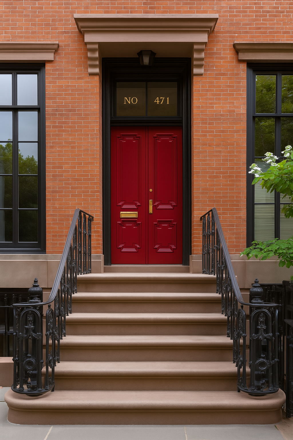 Red front door with decorative molding, black railing on staircase, brick building with large windows, house number 471 above the door, and steps leading up to the entrance