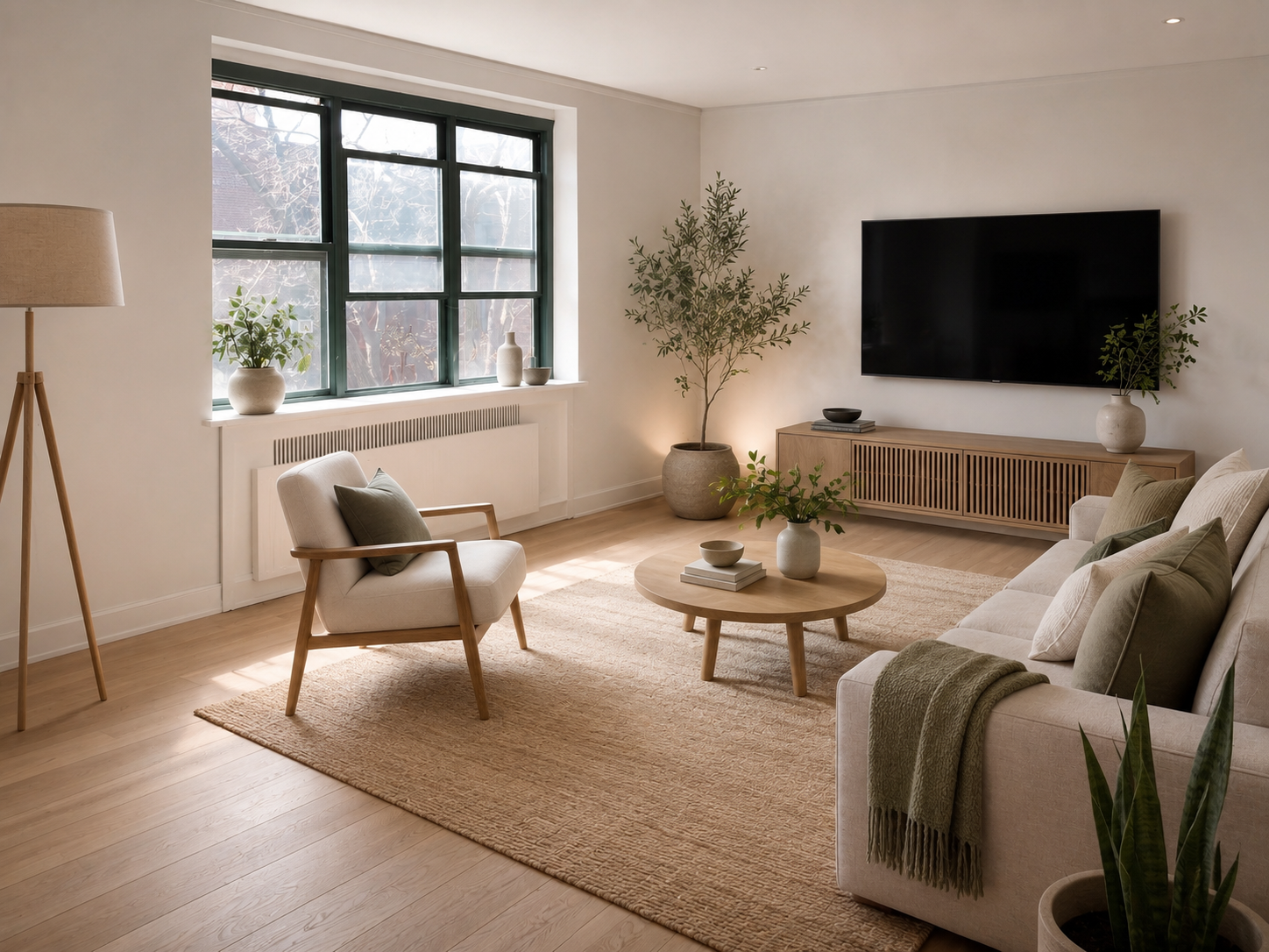 This Brooklyn condo living room renovation embraces a warm minimalist aesthetic with light oak flooring, custom slatted media cabinetry, neutral furnishings, and expansive black-framed windows. Designed by From David Designs, the space balances comfo