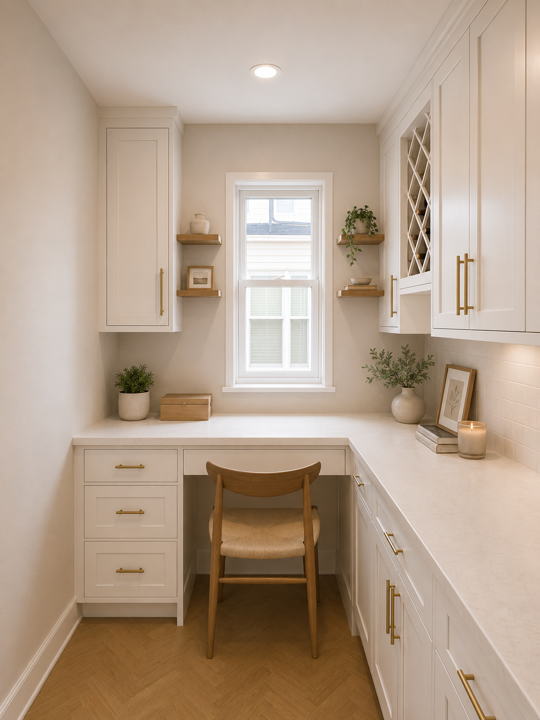 This custom home office nook was designed to maximize storage, organization, and functionality within a compact footprint. White shaker cabinetry, integrated storage, floating wood shelves, quartz countertops, and warm herringbone flooring create a b