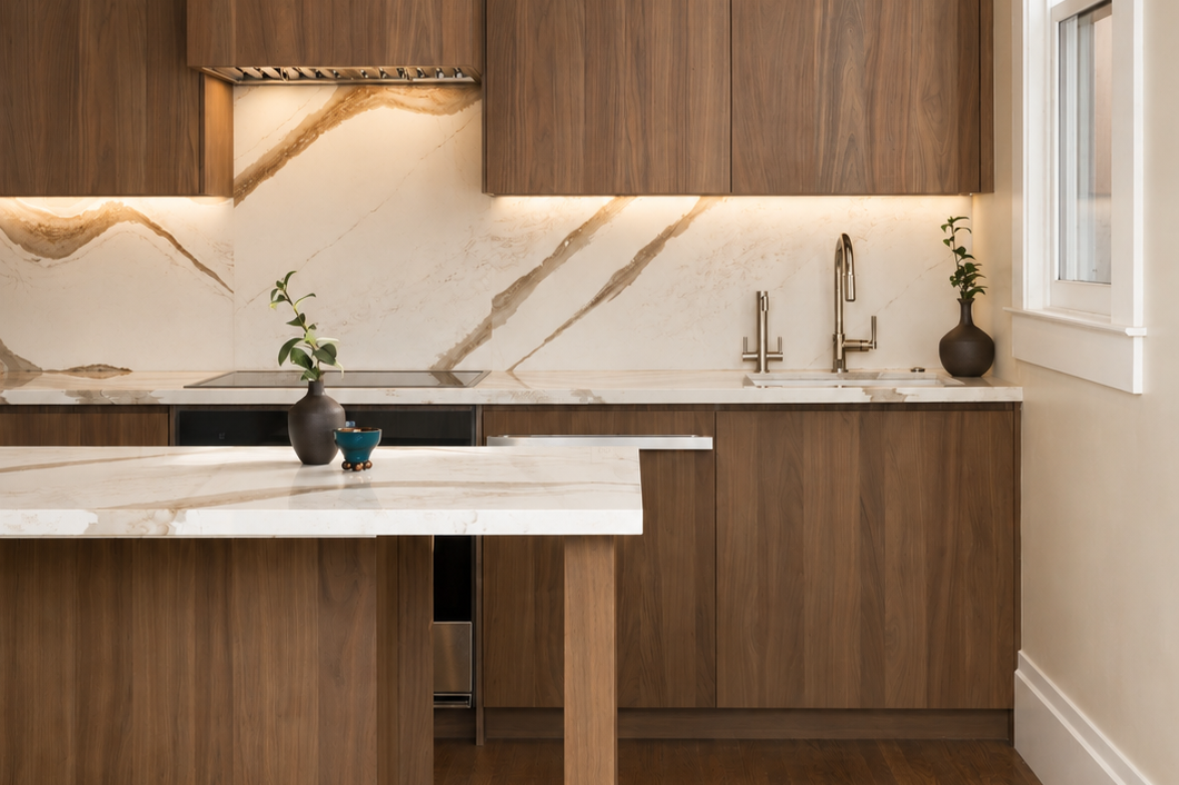 Modern walnut kitchen renovation featuring full-height wood cabinetry, waterfall quartz island, integrated appliances, and natural light in a san francisco residential remodel by From David Designs.