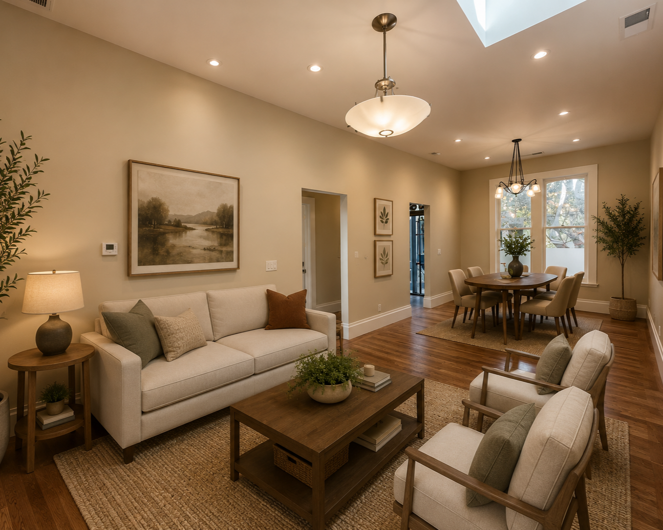 This renovation features a warm modern living and dining room with walnut furnishings, neutral upholstery, natural fiber rugs, and curated lighting. Designed by From David Designs, the space emphasizes timeless interiors, comfortable living, and refi