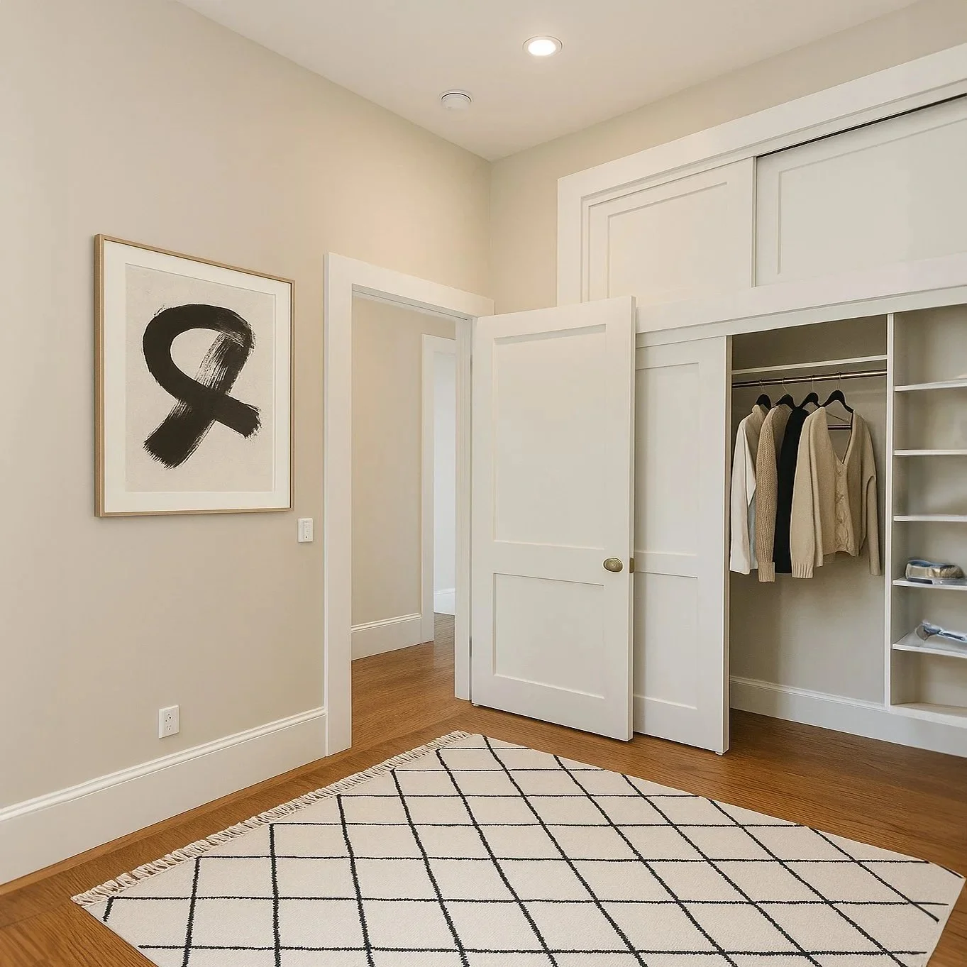 Designed to maximize functionality within a compact footprint, this custom built-in closet combines sliding shaker-style doors, integrated shelving, hanging storage, and overhead cabinetry for efficient organization. Thoughtful millwork detailing and