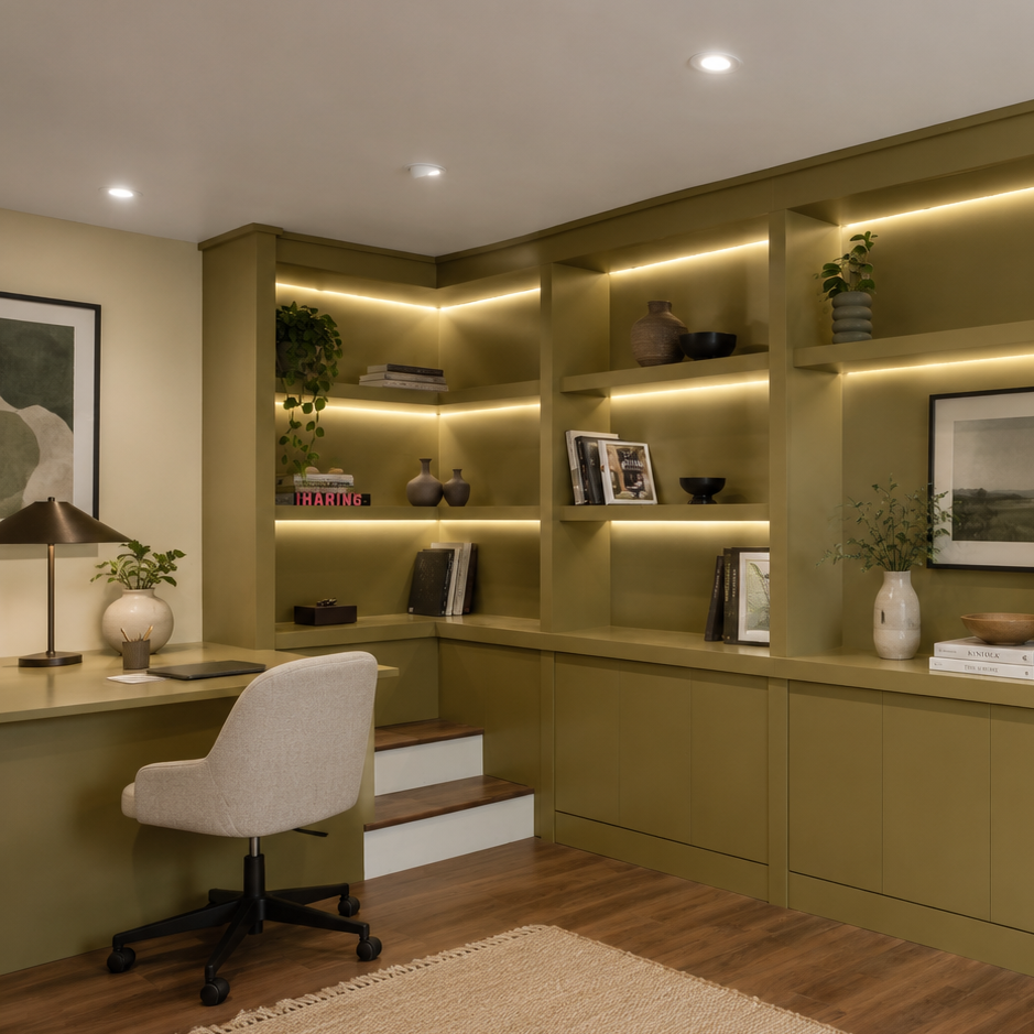 Contemporary basement living room featuring custom olive green built-in shelving, integrated LED lighting, cream sofa, and folding glass doors opening to a private courtyard.