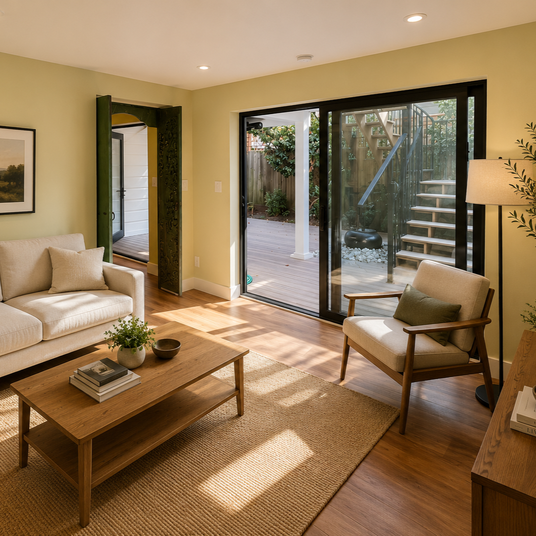 Contemporary basement living room featuring custom olive green built-in shelving, integrated LED lighting, cream sofa, and folding glass doors opening to a private courtyard.