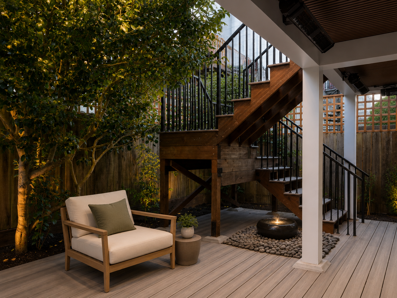 A San Francisco home renovation featuring a custom rear yard deck, landscaped garden, and new staircase that seamlessly connects the basement to the outdoors.