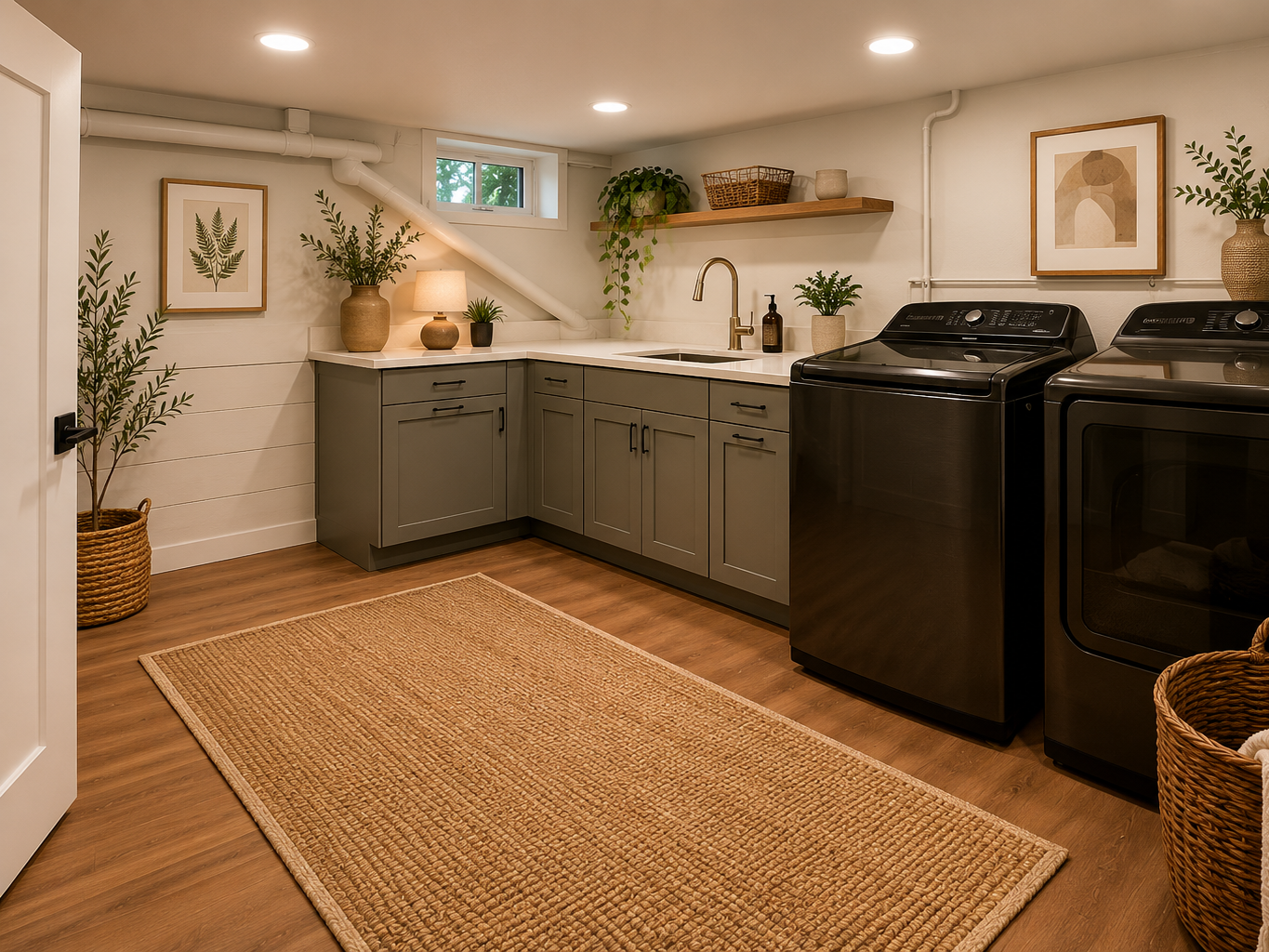 A thoughtfully designed San Francisco basement laundry room renovation featuring custom cabinetry, integrated storage, quartz countertops, and modern utility space planning.