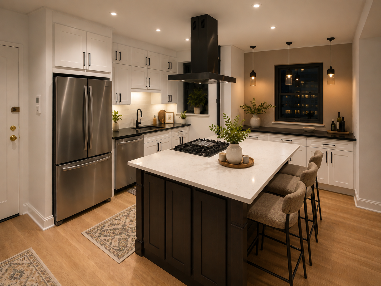 This Brooklyn kitchen renovation features a custom white shaker kitchen, oversized waterfall island, integrated cooktop, black steel range hood, and warm oak flooring. Designed by From David Designs, the space balances timeless materials with modern 