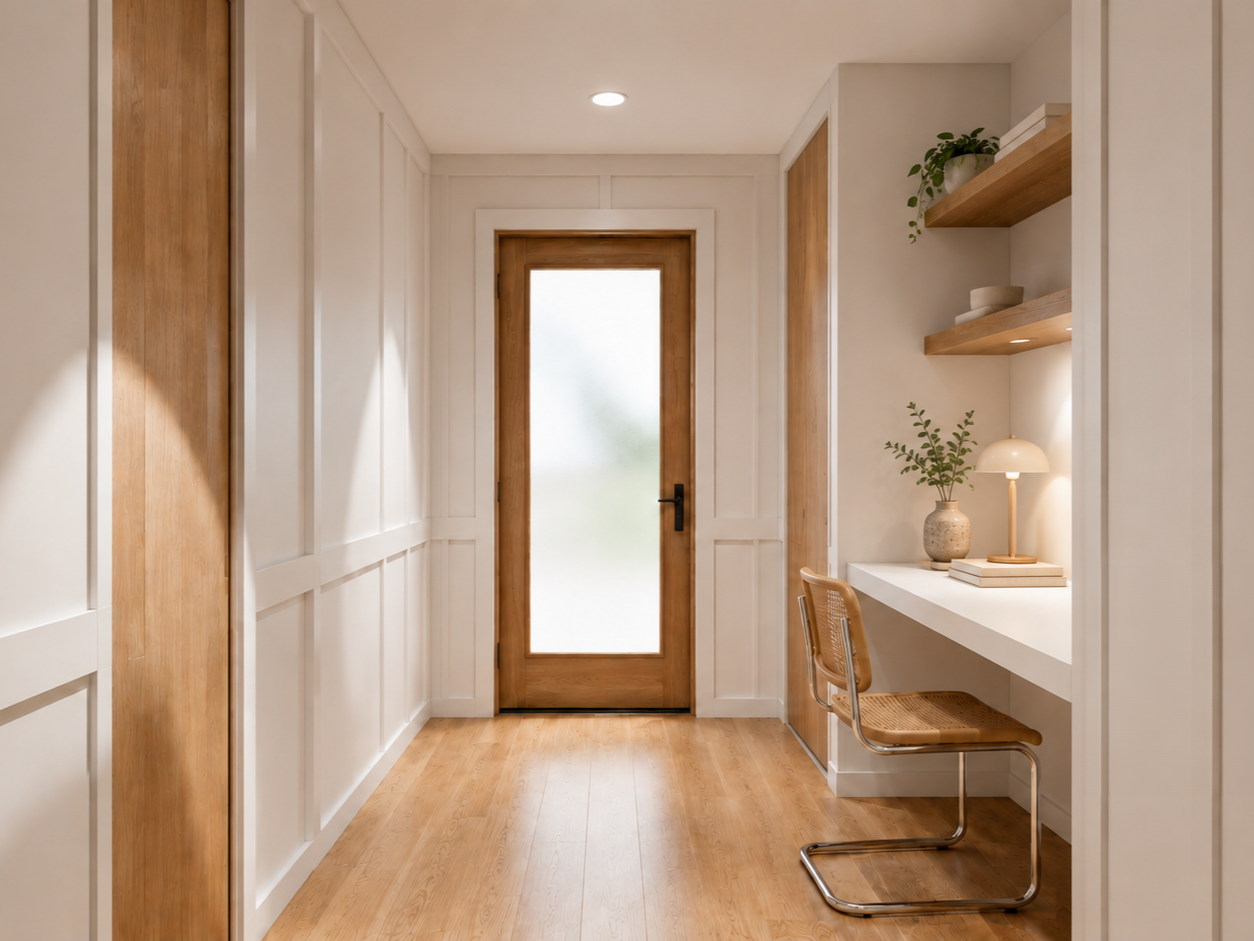 This custom home office nook seamlessly integrates a built-in workspace into a transitional hallway renovation. Featuring white oak millwork, floating shelves, wall paneling, and abundant natural light, the design transforms an underutilized circulat
