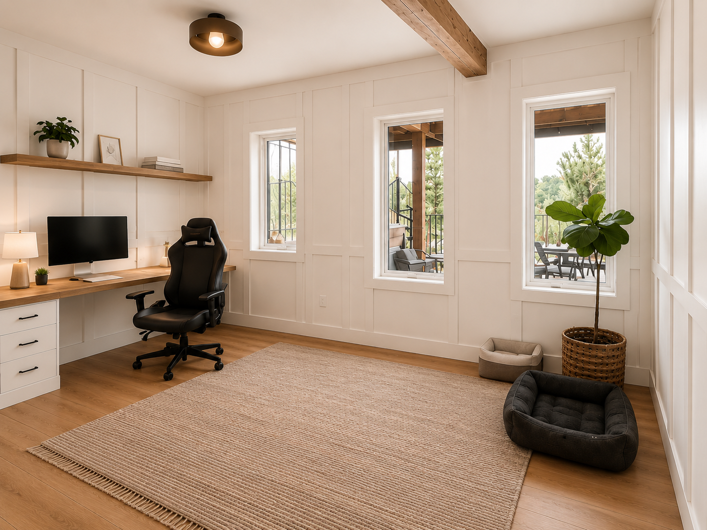 This custom home office renovation combines built-in white oak millwork, board and batten wall paneling, and expansive windows to create a bright and functional workspace. Thoughtfully designed for remote work and everyday living, the room balances p