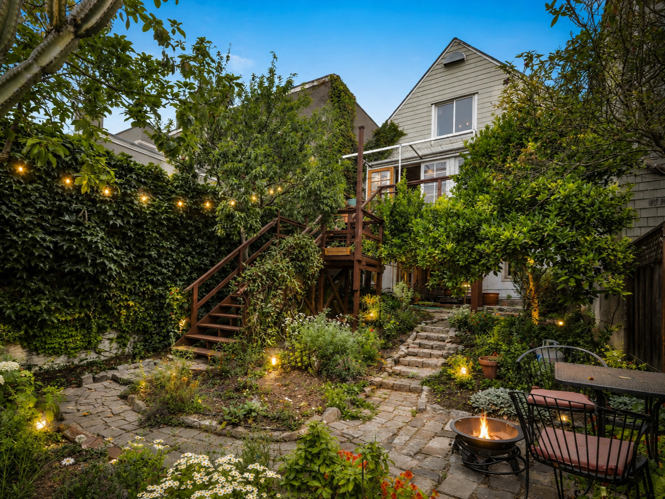 This backyard renovation transforms a compact urban lot into a lush garden retreat featuring custom wood decking, meandering stone pathways, layered planting beds, outdoor lighting, and intimate gathering spaces. Designed by From David Designs, the l