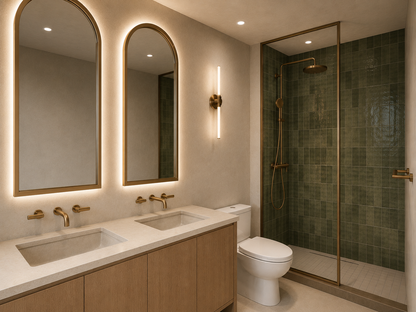 This spa-inspired bathroom renovation combines handcrafted green wall tile, custom white oak cabinetry, integrated stone sinks, and warm brass fixtures to create a calming retreat. Backlit arched mirrors, textured finishes, and a frameless glass show