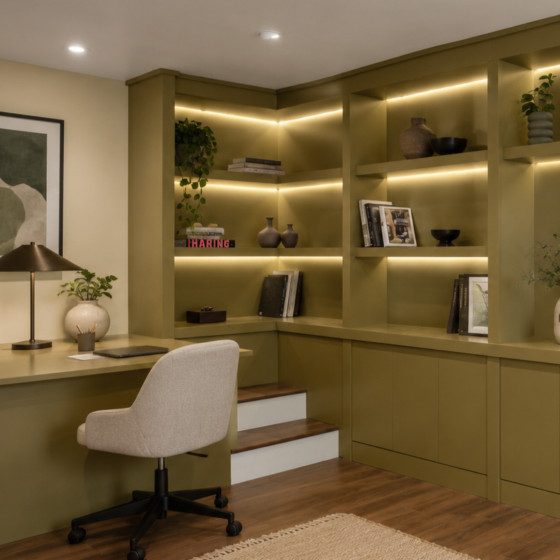 Contemporary basement living room featuring custom olive green built-in shelving, integrated LED lighting, cream sofa, and folding glass doors opening to a private courtyard.