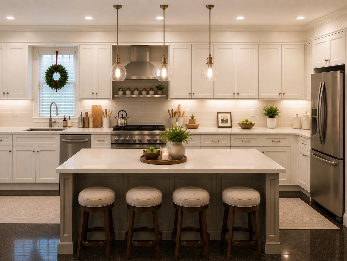 A timeless transitional kitchen designed by From David Designs, featuring custom white cabinetry, quartz countertops, a spacious island, and warm brass accents that balance functionality with elegant residential design.