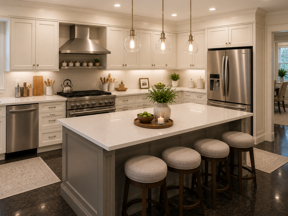A timeless transitional kitchen designed by From David Designs, featuring custom white cabinetry, quartz countertops, a spacious island, and warm brass accents that balance functionality with elegant residential design.