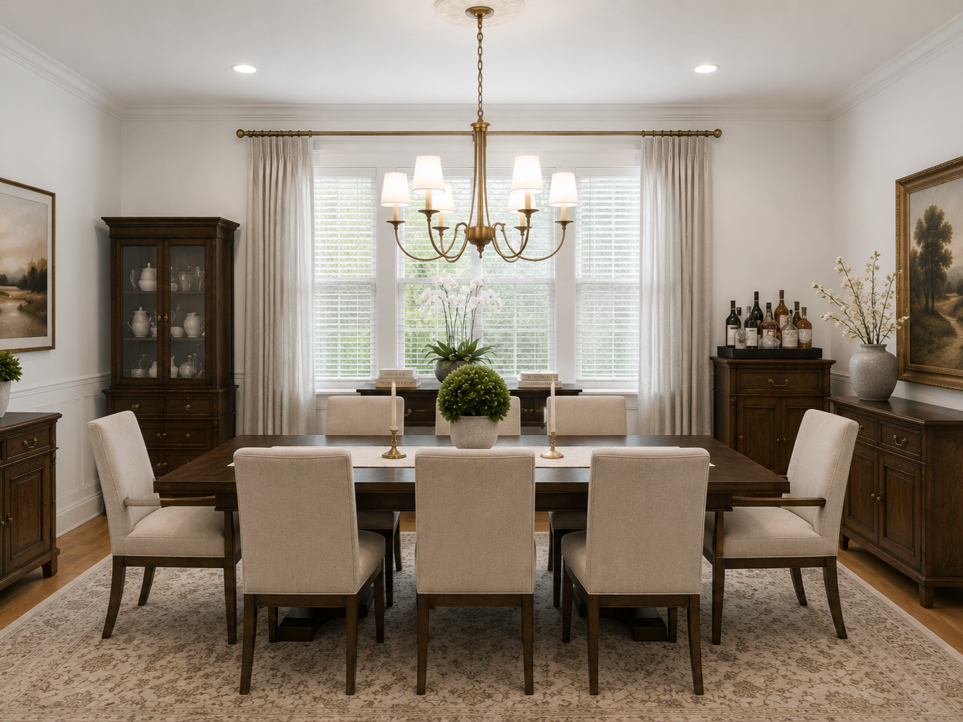 Elegant dining room featuring a dark wood dining table, upholstered chairs, custom casework, brass chandelier, and large windows with soft linen drapery.