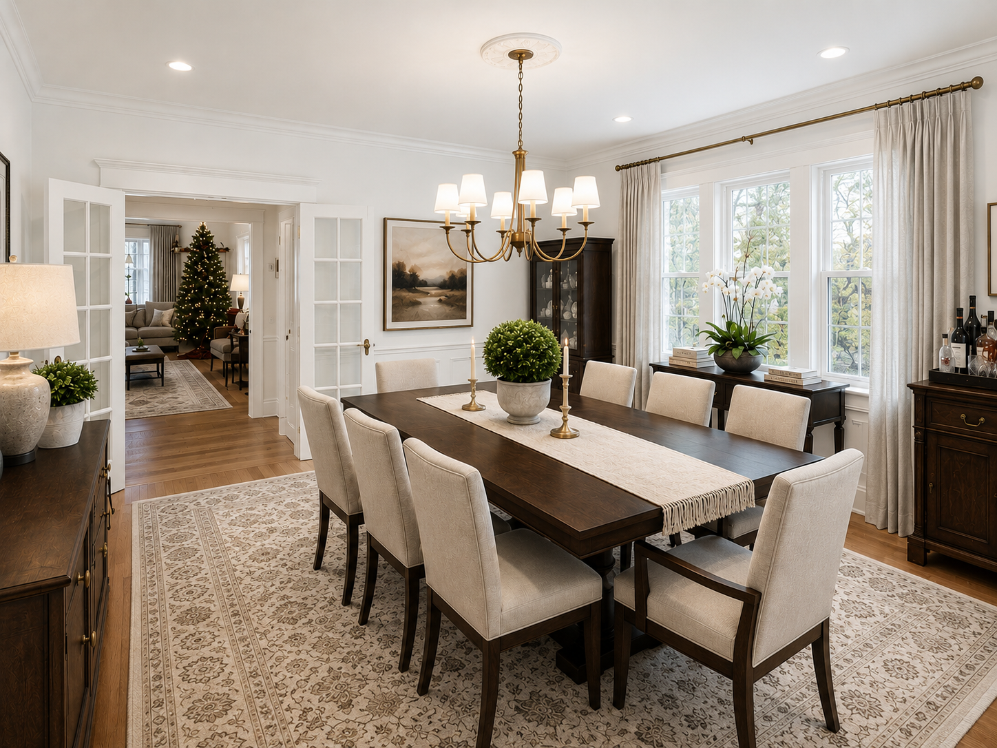 Elegant dining room featuring a dark wood dining table, upholstered chairs, custom casework, brass chandelier, and large windows with soft linen drapery.