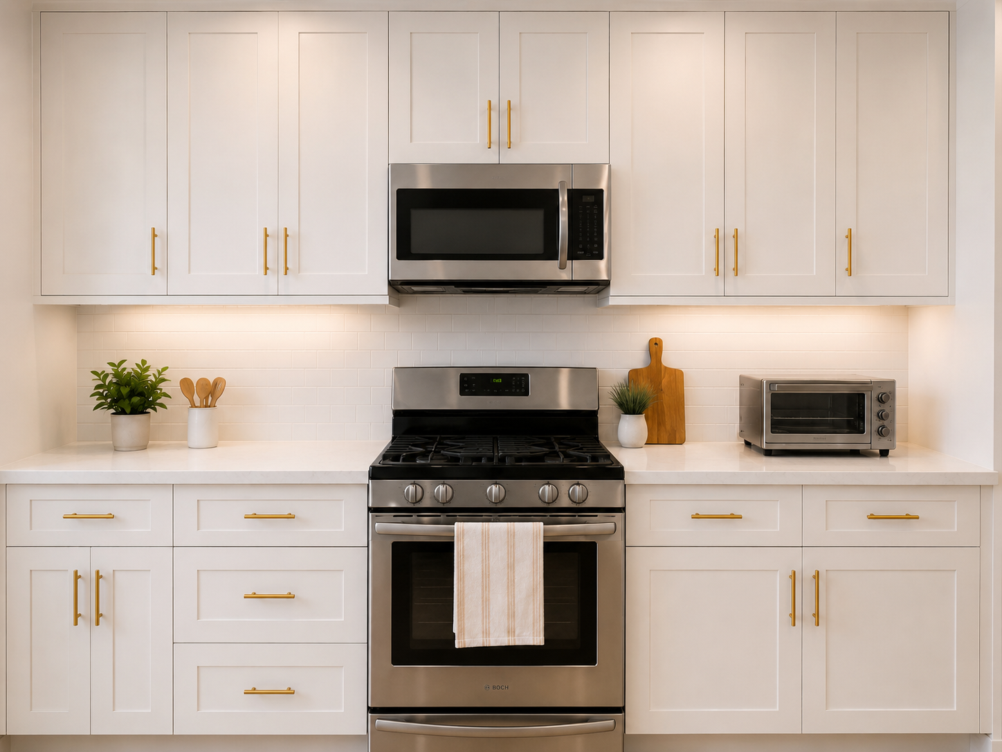 A bright transitional kitchen renovation in Brooklyn, New York featuring custom white shaker cabinetry, a sage green island, quartz countertops, brass hardware, and herringbone wood floors. Designed by David Phan of From David Designs, this project b