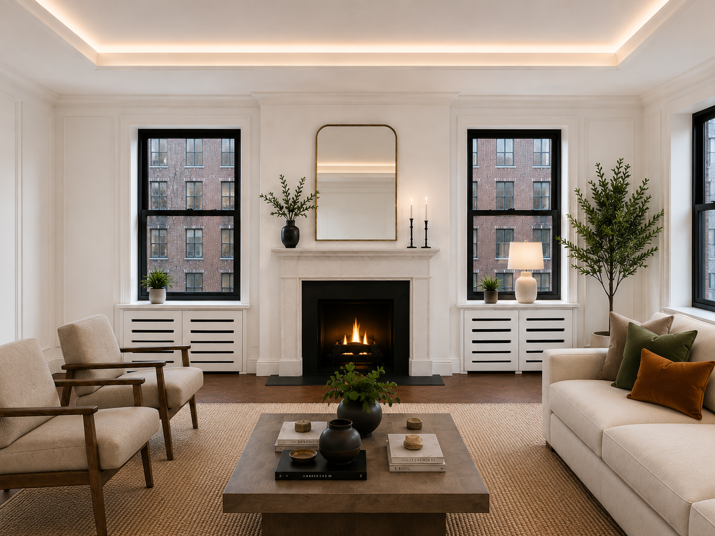This Brooklyn living room renovation blends timeless architecture with modern comfort. The space features custom wall paneling, a recessed tray ceiling with integrated cove lighting, black-framed windows, and rich herringbone wood flooring. A refined