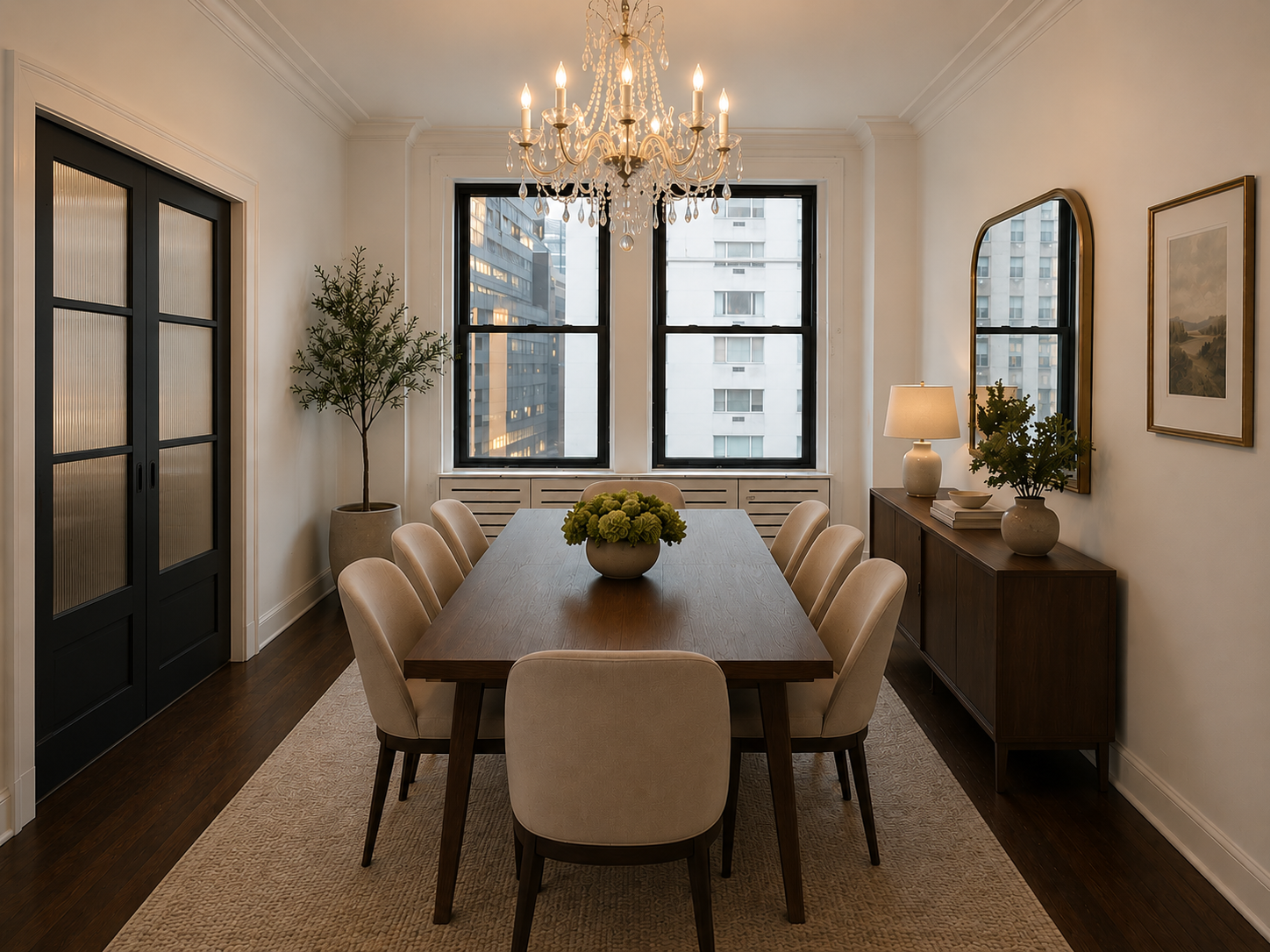 This Brooklyn dining room renovation embraces a refined transitional aesthetic, balancing classic architectural detailing with contemporary furnishings. Custom black-framed glass doors, warm walnut furniture, and soft neutral finishes create a sophis