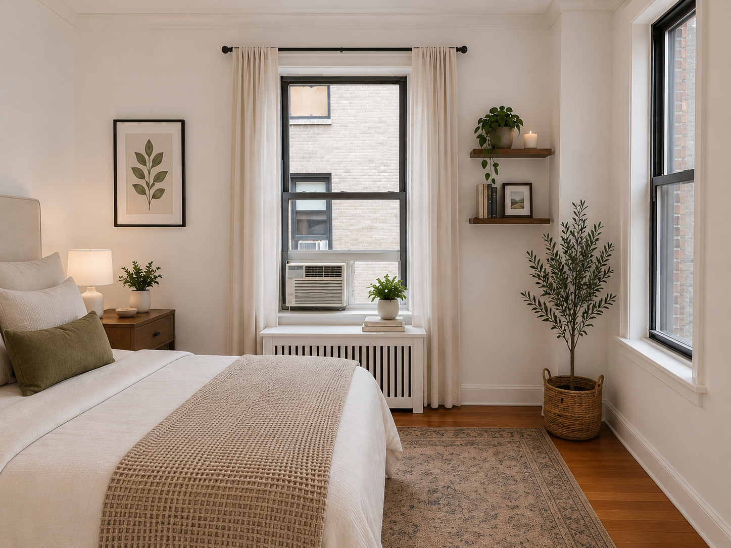 This Brooklyn bedroom renovation creates a calm and inviting retreat through a restrained palette of warm neutrals, natural textures, and timeless architectural detailing. Custom millwork, black-framed windows, and thoughtfully layered furnishings es
