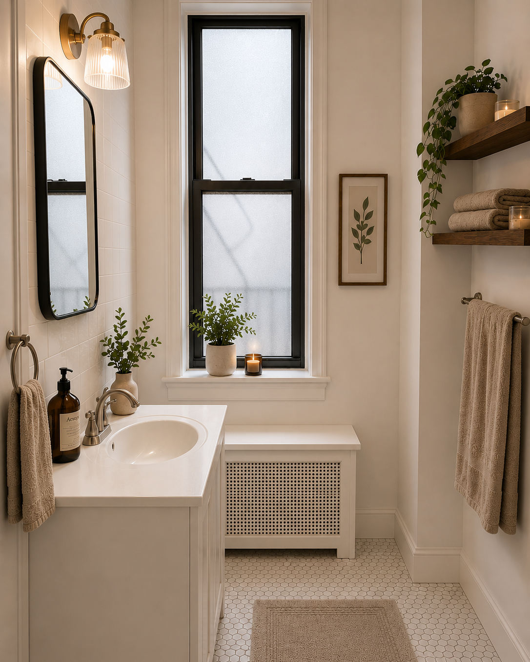 This Brooklyn bathroom renovation transforms a compact footprint into a bright and functional retreat. The design combines classic architectural details with contemporary simplicity through custom millwork, white hexagonal floor tile, warm wood shelv