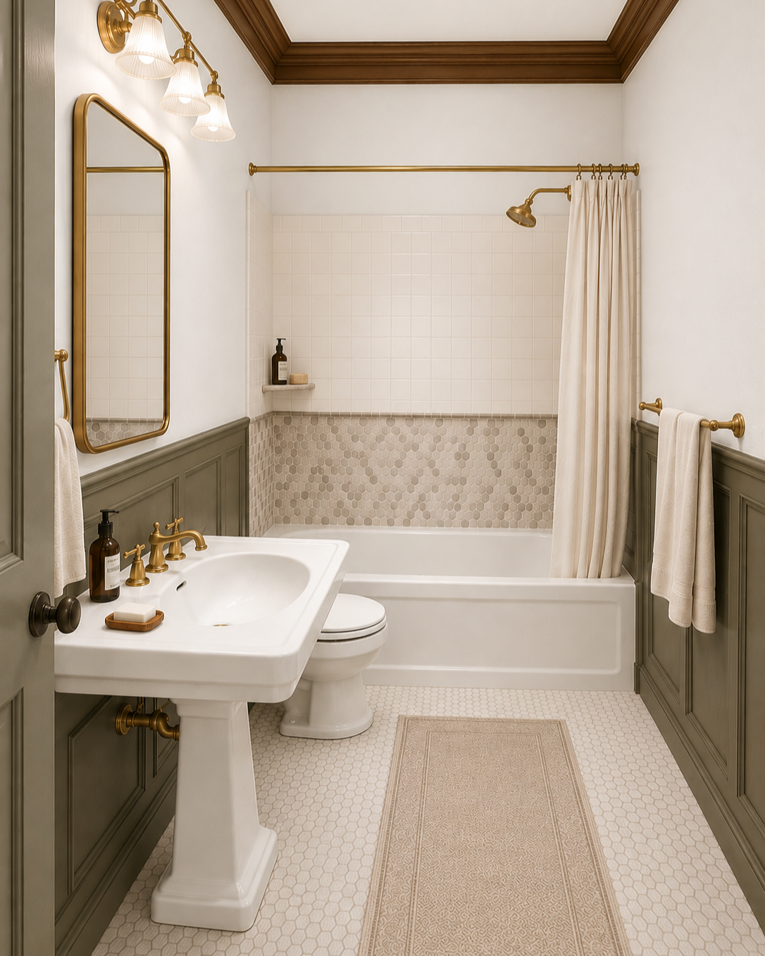 This Brooklyn bathroom renovation reinterprets traditional design through a refined, contemporary lens. Rich painted millwork, warm brass fixtures, custom trim detailing, and a classic pedestal sink establish a timeless foundation. The combination of