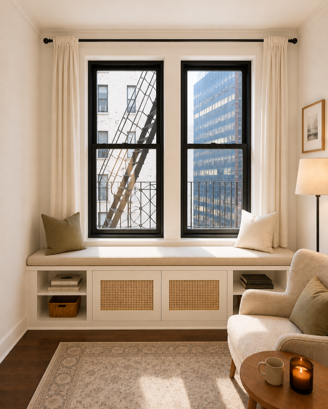 This custom reading nook transforms an underutilized alcove into a functional and inviting retreat. A built-in window seat with integrated storage and cane-front cabinetry maximizes utility while maintaining a clean architectural aesthetic. Framed by