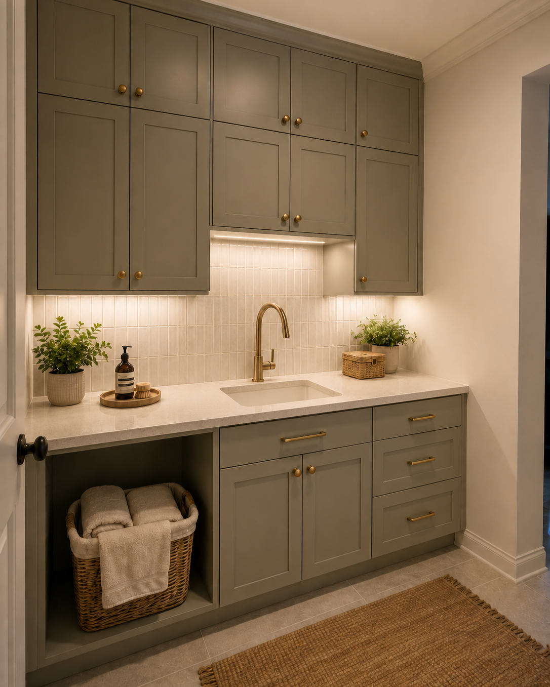 This Brooklyn laundry room renovation elevates a functional utility space through thoughtful design and custom millwork. Floor-to-ceiling cabinetry maximizes storage while maintaining a clean, tailored appearance. A quartz countertop, integrated sink