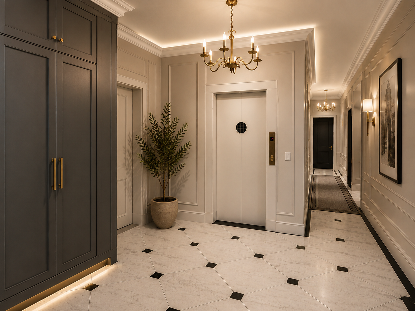 This Brooklyn apartment entryway establishes a refined first impression through a careful balance of classic architecture and contemporary simplicity. Custom wall paneling, integrated cove lighting, tailored millwork, and marble-inspired flooring cre