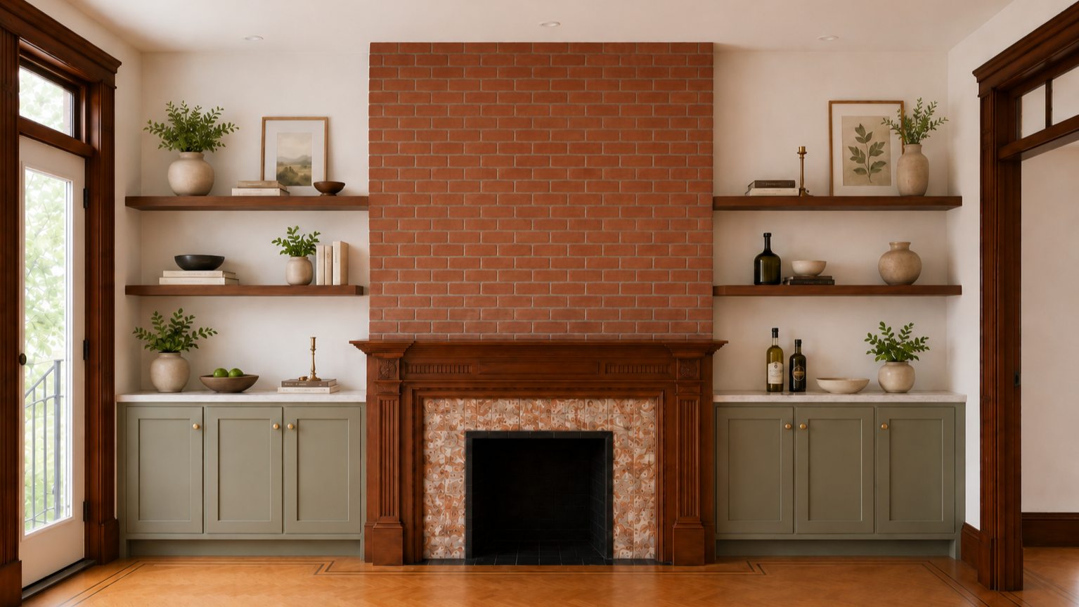 A warm NYC Brooklyn interior by From David Designs featuring a restored wood fireplace, exposed brick chimney, sage green built-in cabinetry, open wood shelving, herringbone floors, and layered transitional decor.