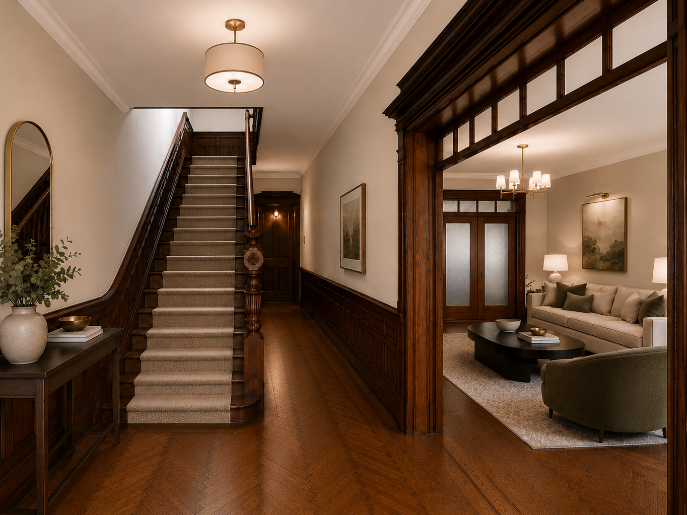 A restored NYC Brooklyn brownstone entry by From David Designs featuring original wood paneling, herringbone floors, a stair runner, layered lighting, and a warm transitional living room beyond.