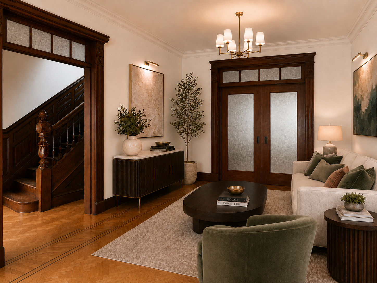 A restored NYC Brooklyn brownstone entry by From David Designs featuring original wood paneling, herringbone floors, a stair runner, layered lighting, and a warm transitional living room beyond.