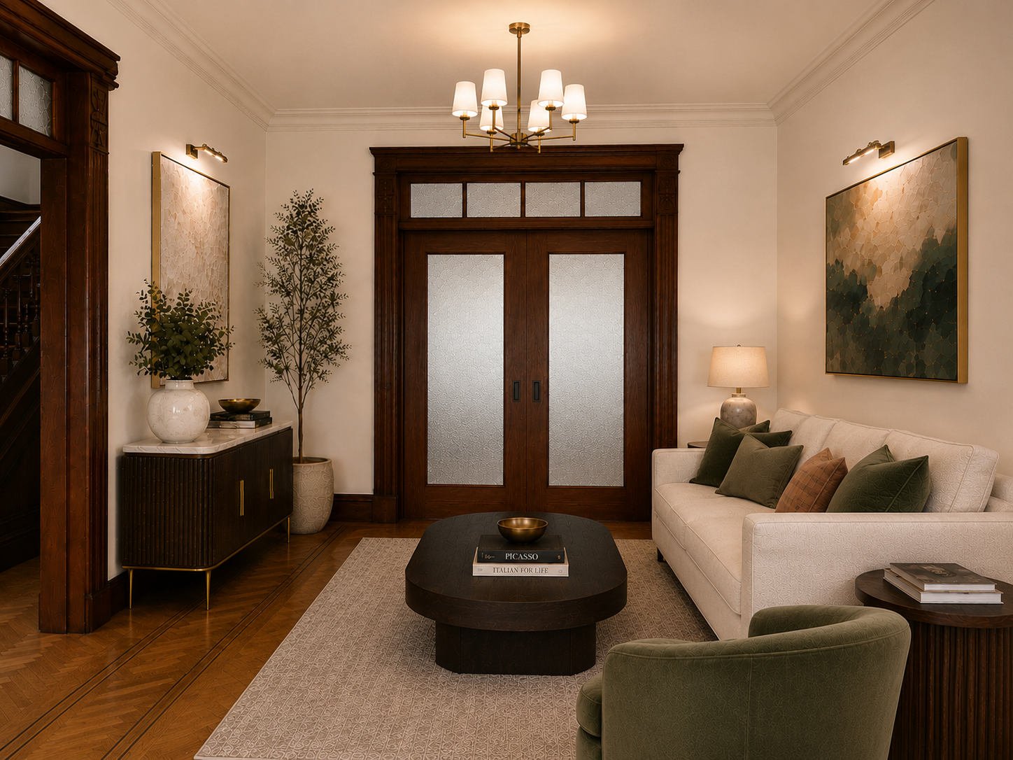 A restored NYC Brooklyn brownstone entry by From David Designs featuring original wood paneling, herringbone floors, a stair runner, layered lighting, and a warm transitional living room beyond.