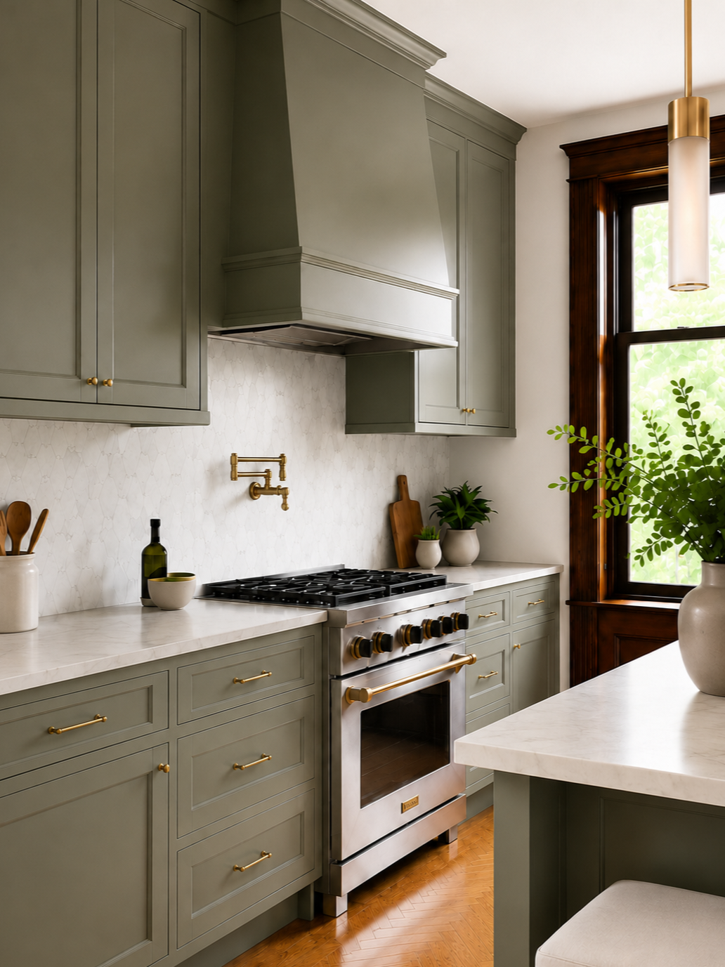 A refined NYC Brooklyn kitchen renovation by From David Designs, featuring sage green cabinetry, a marble island, brass lighting, restored wood trim, herringbone floors, and a warm transitional interior aesthetic.