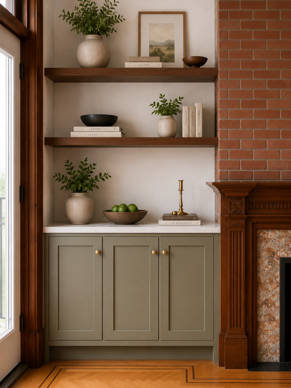 A warm NYC Brooklyn interior by From David Designs featuring a restored wood fireplace, exposed brick chimney, sage green built-in cabinetry, open wood shelving, herringbone floors, and layered transitional decor.