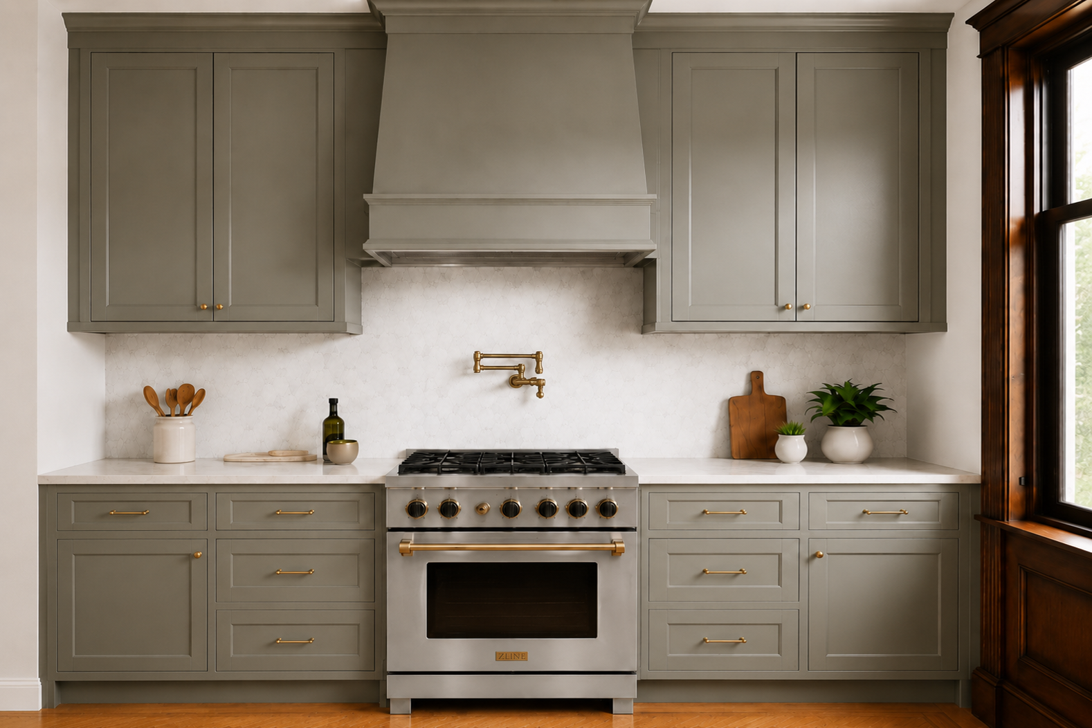 A refined NYC Brooklyn kitchen renovation by From David Designs, featuring sage green cabinetry, a marble island, brass lighting, restored wood trim, herringbone floors, and a warm transitional interior aesthetic.