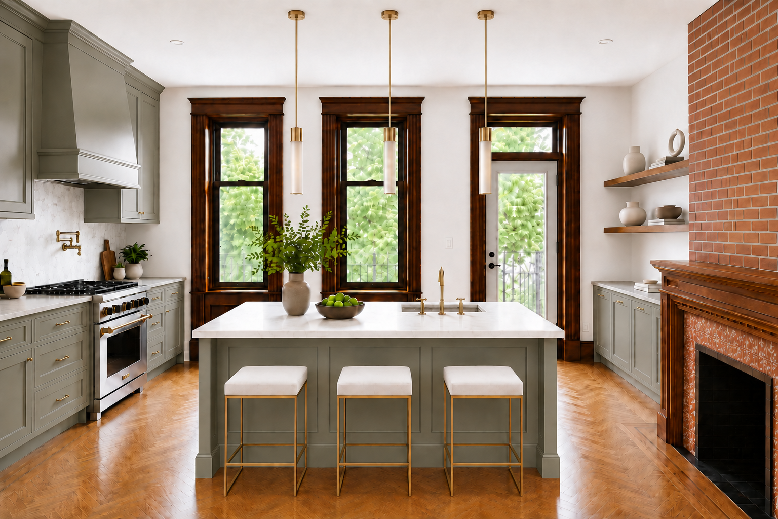A refined NYC Brooklyn kitchen renovation by From David Designs, featuring sage green cabinetry, a marble island, brass lighting, restored wood trim, herringbone floors, and a warm transitional interior aesthetic.