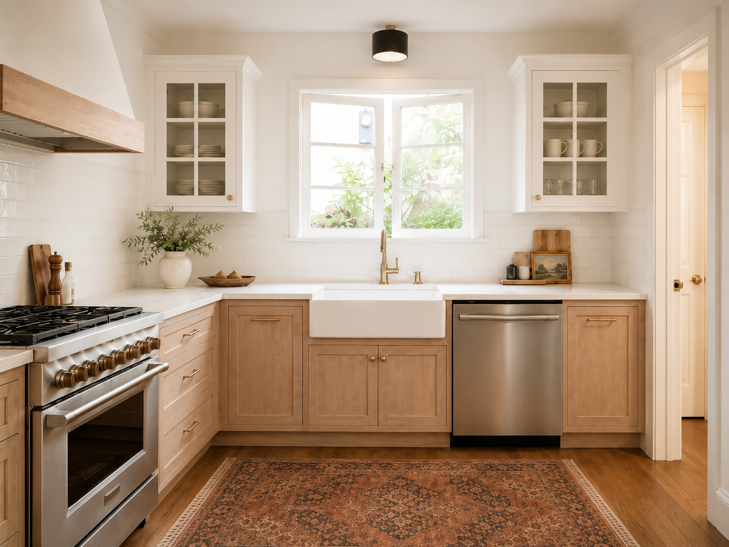 Warm transitional kitchen with light oak cabinetry, white tile backsplash, farmhouse sink, brass fixtures, glass upper cabinets, and vintage rug by From David Designs.