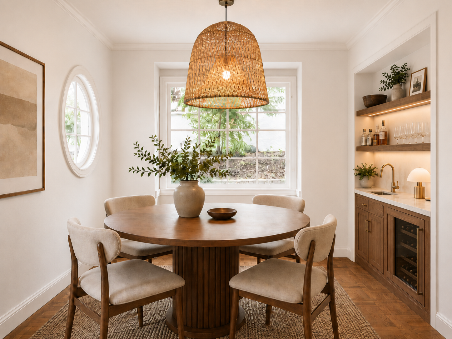 Warm transitional dining room with round wood table, woven pendant light, neutral upholstered chairs, herringbone floors, built-in wet bar, brass fixtures, and curated shelves by From David Designs.