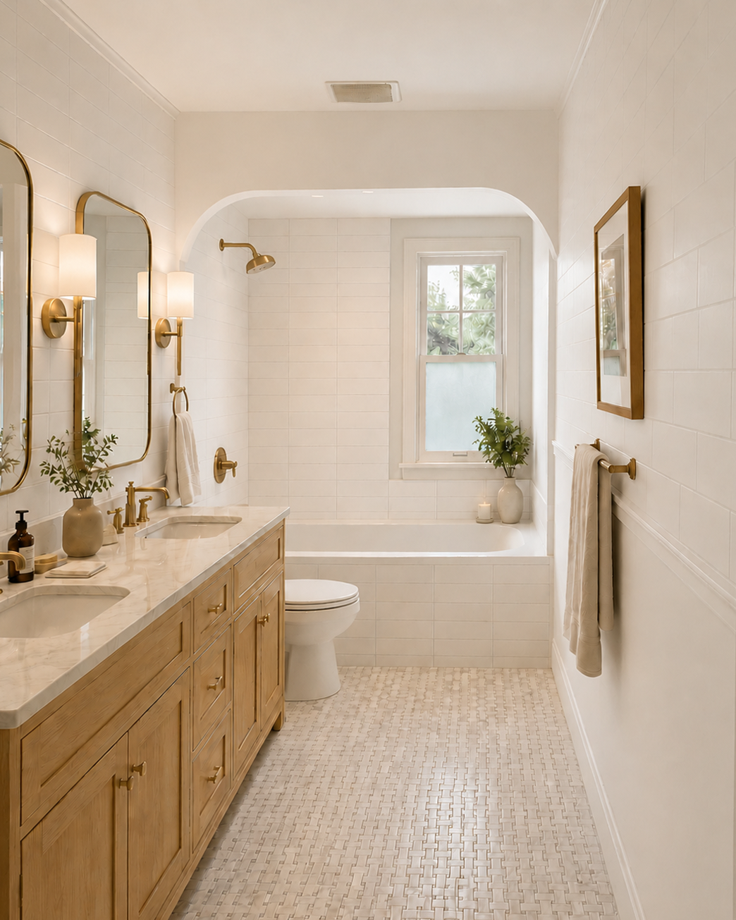 Light oak bathroom renovation with double vanity, brass fixtures, arched mirrors, white tile, bathtub, mosaic floor tile, wall sconces, and warm neutral styling by From David Designs.