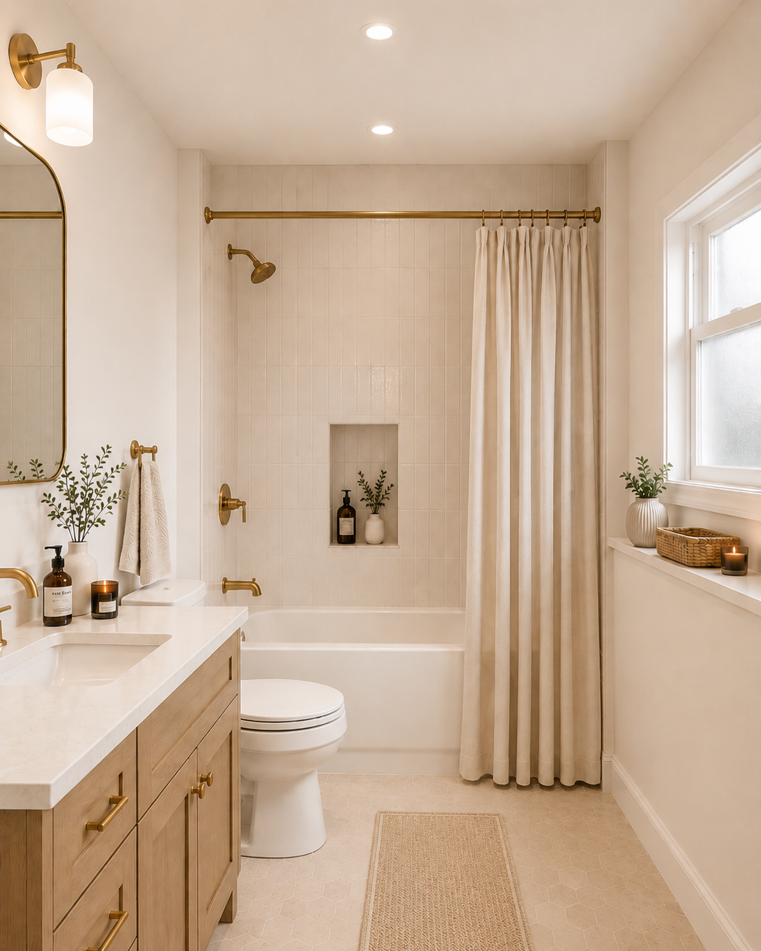 Warm neutral bathroom with light wood vanity, brass fixtures, cream tile shower, bathtub, linen curtain, arched mirror, natural textures, and soft styling by From David Designs.
