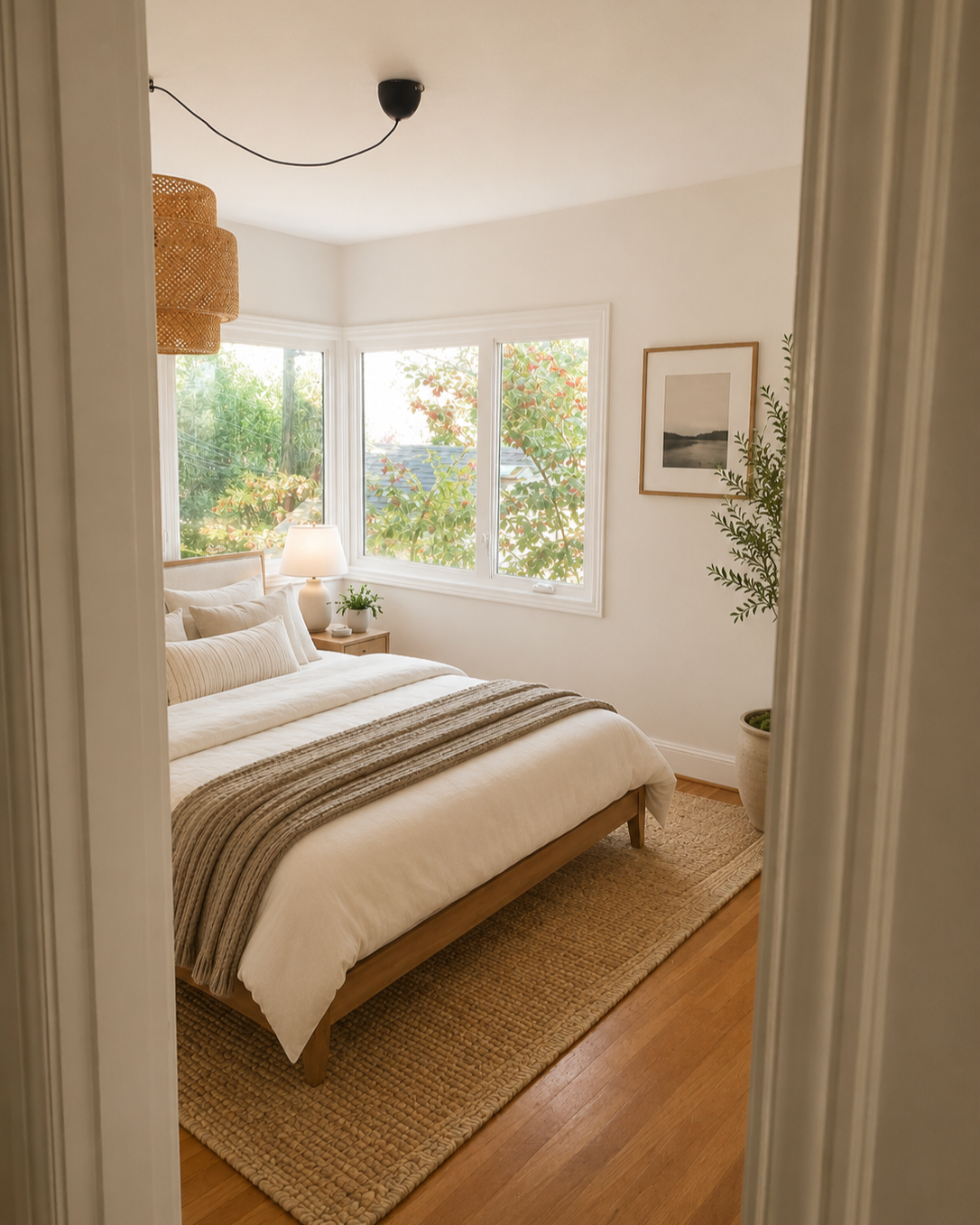 Warm neutral bedroom with wood bed frame, layered white bedding, woven rug, natural textures, soft lighting, leafy window views, and curated decor by From David Designs.